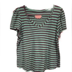 Anthropologie V neck casual tee in green and navy stripes. size M D4